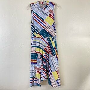Anthropologie Maeve Size Medium Teal Red Striped Mock Neck Sleeveless Midi Dress